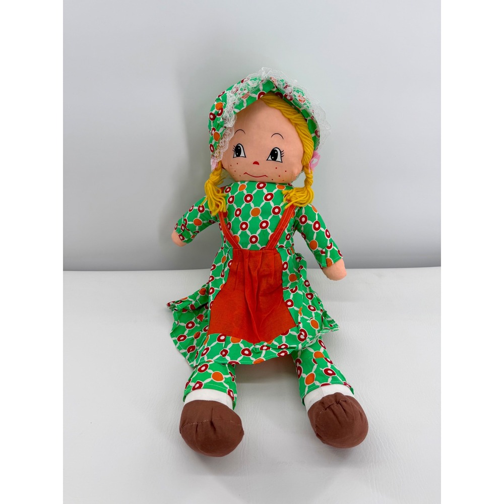 Rag Doll 24" Green Vintage Style Geometric Print Bonnet Apron Blonde Hair